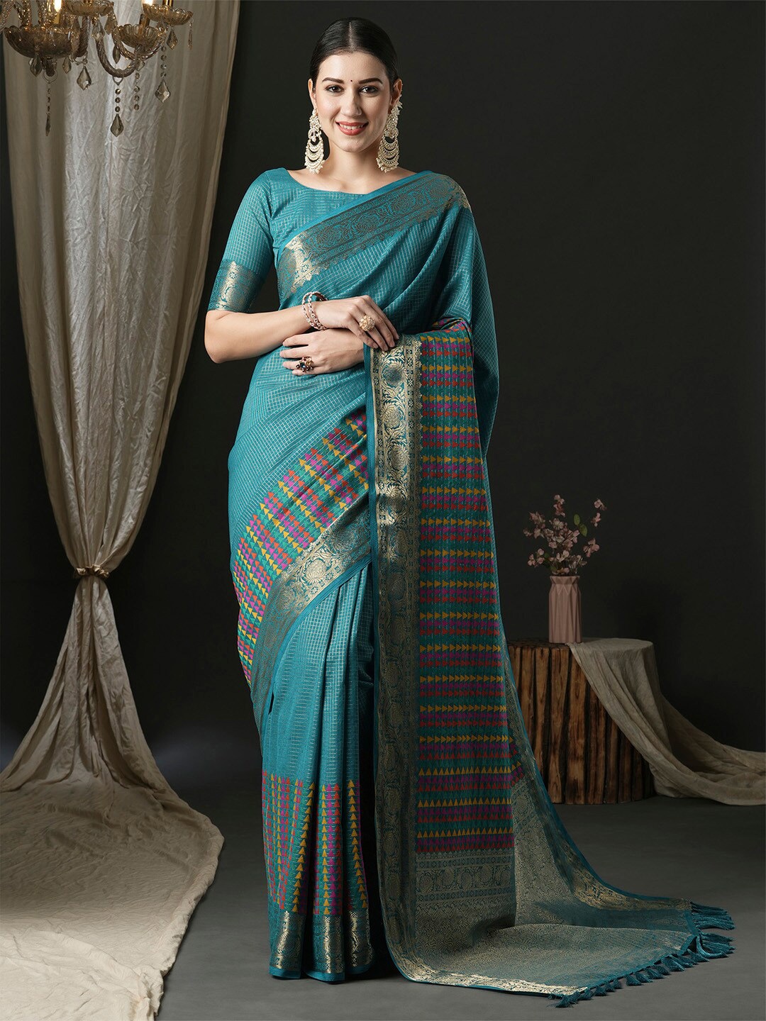 

Anouk Checked Woven Design Zari Banarasi Saree, Blue