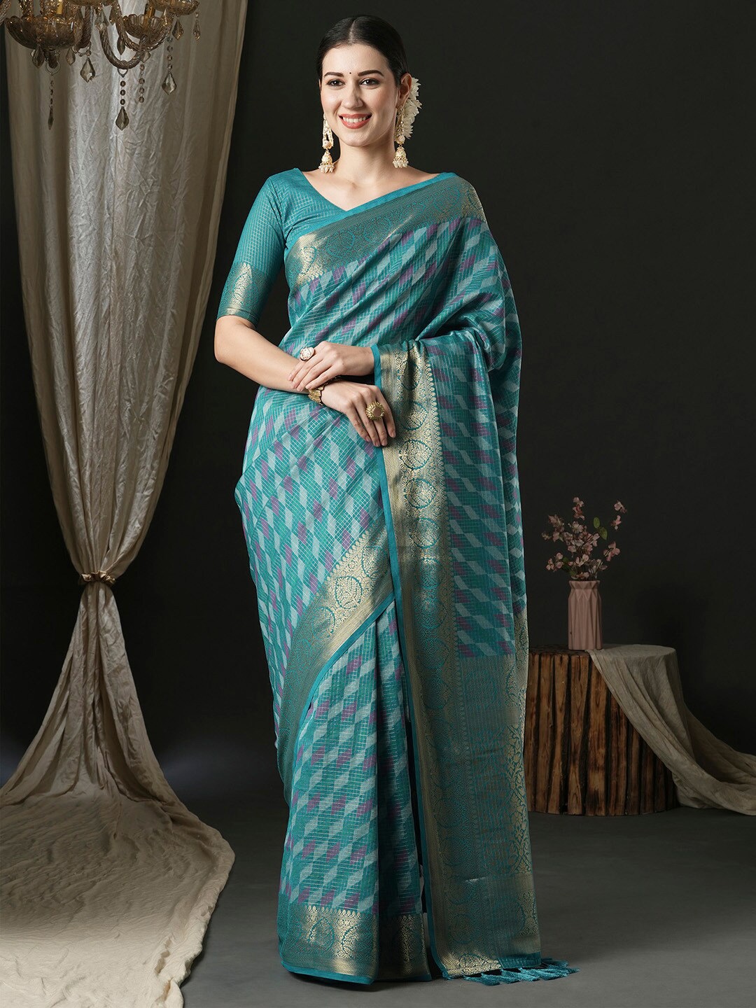 

Anouk Blue Ethnic Woven Design Traditional Wear Saree