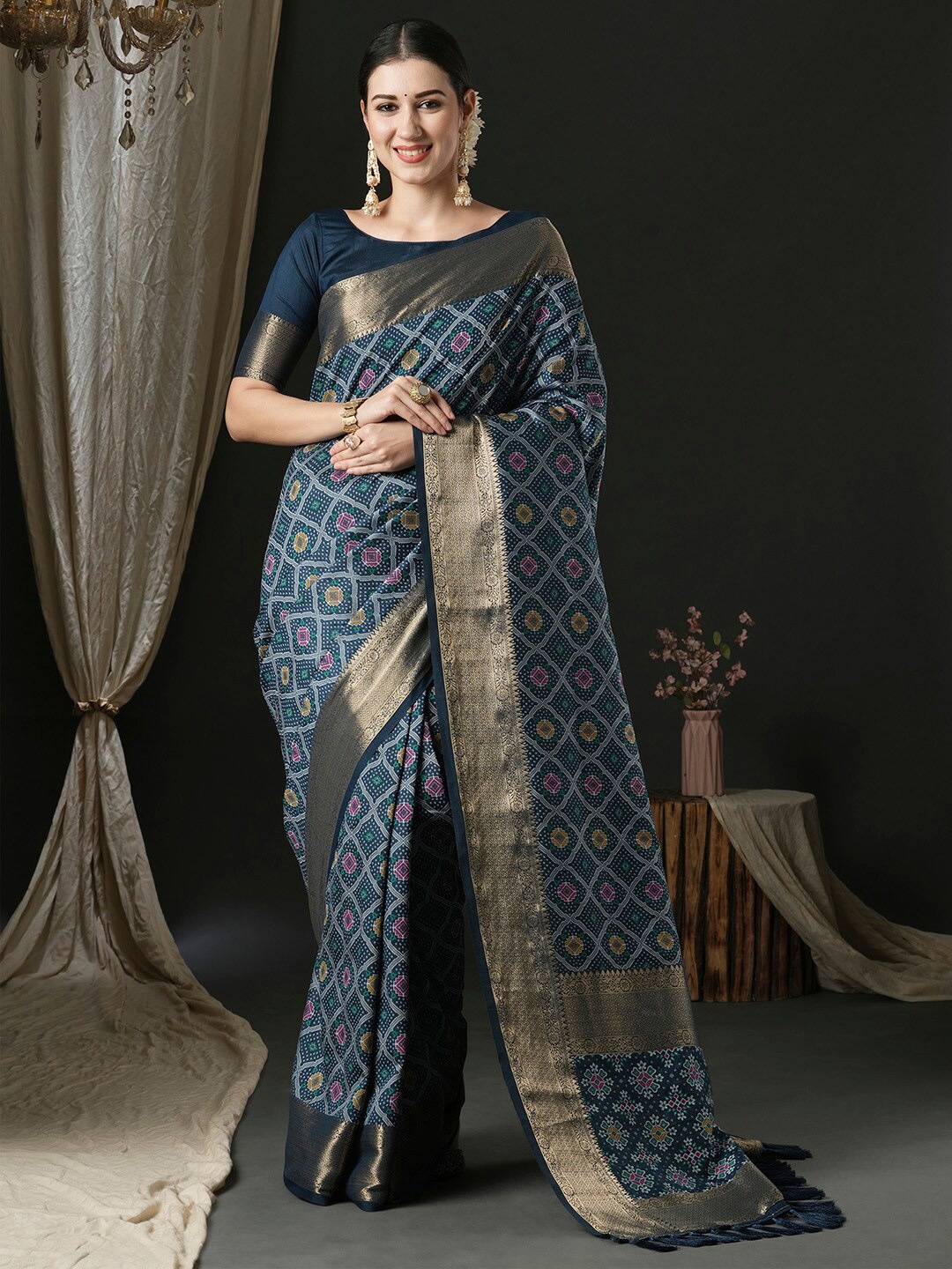 

Anouk Navy Blue Ethnic Woven Design Traditional Wear Saree
