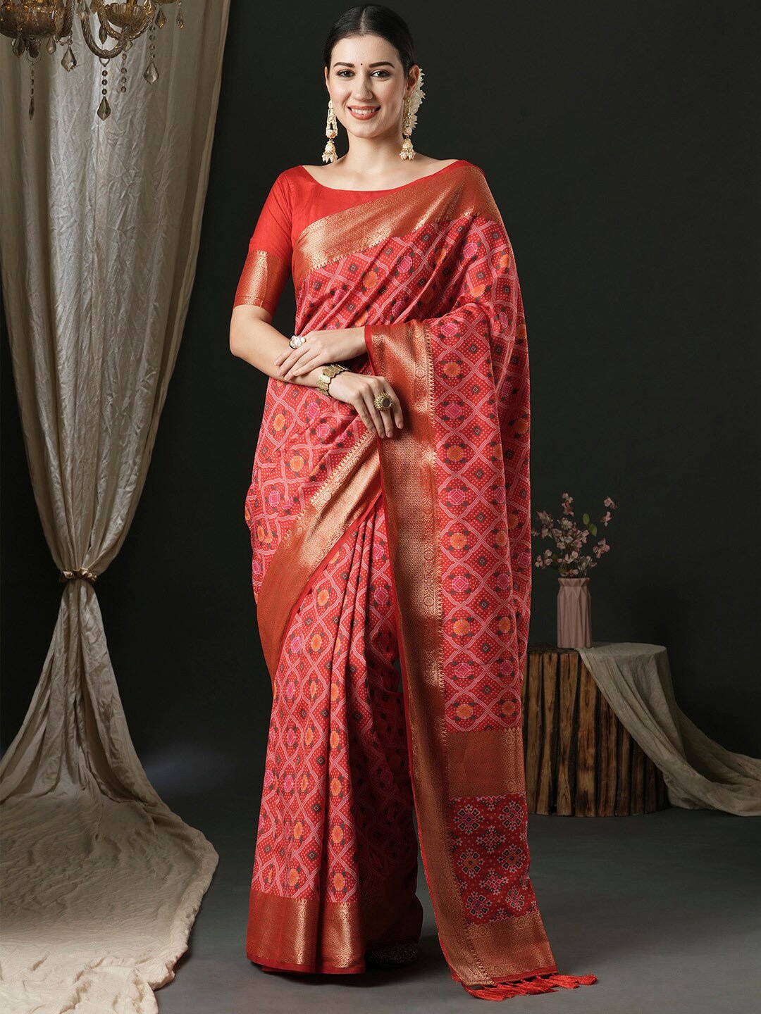 

Anouk Ethnic Motifs Woven Design Zari Patola Saree, Red