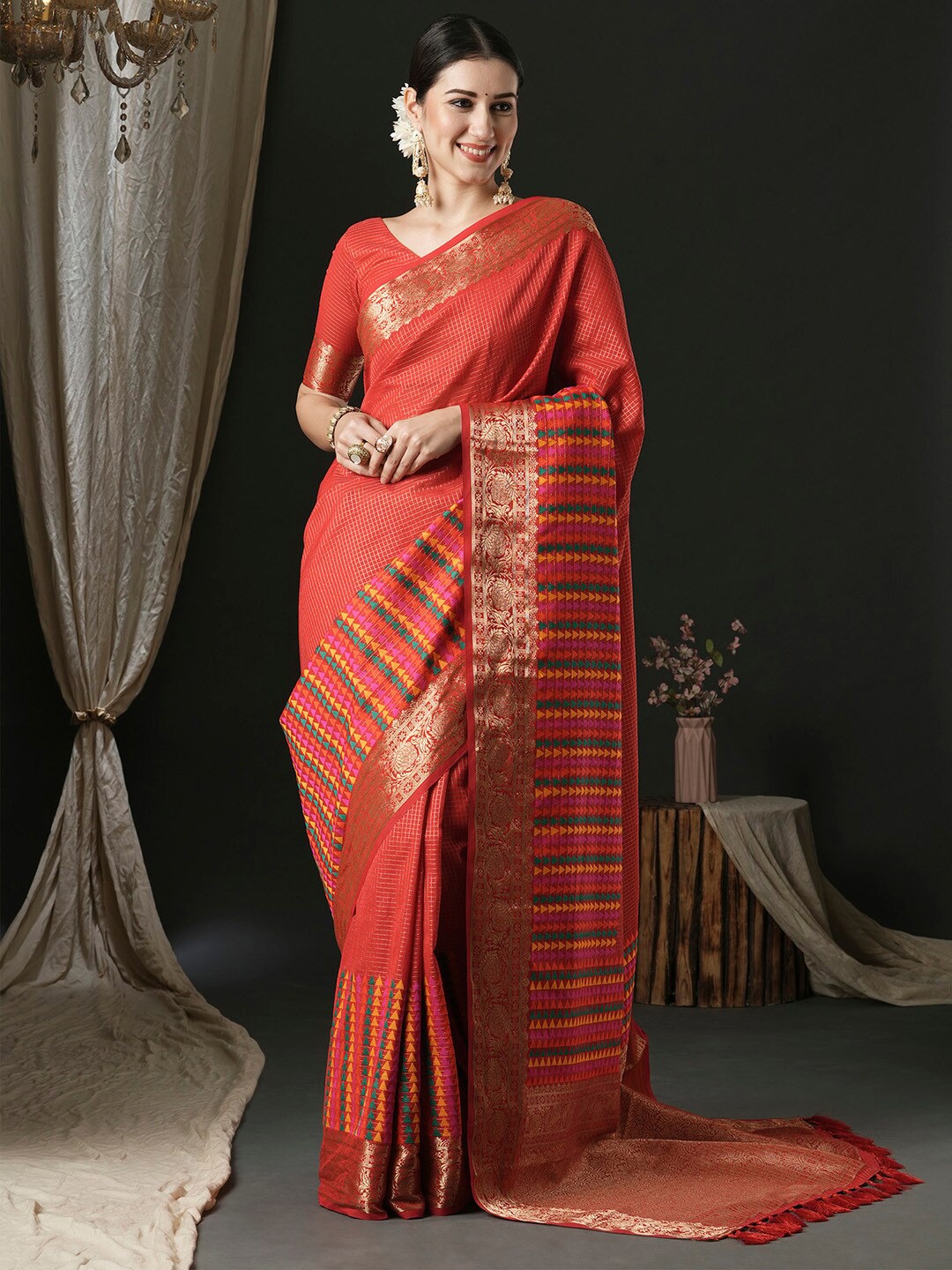 

Anouk Woven Design Geometric Printed Zari Banarasi Saree, Red