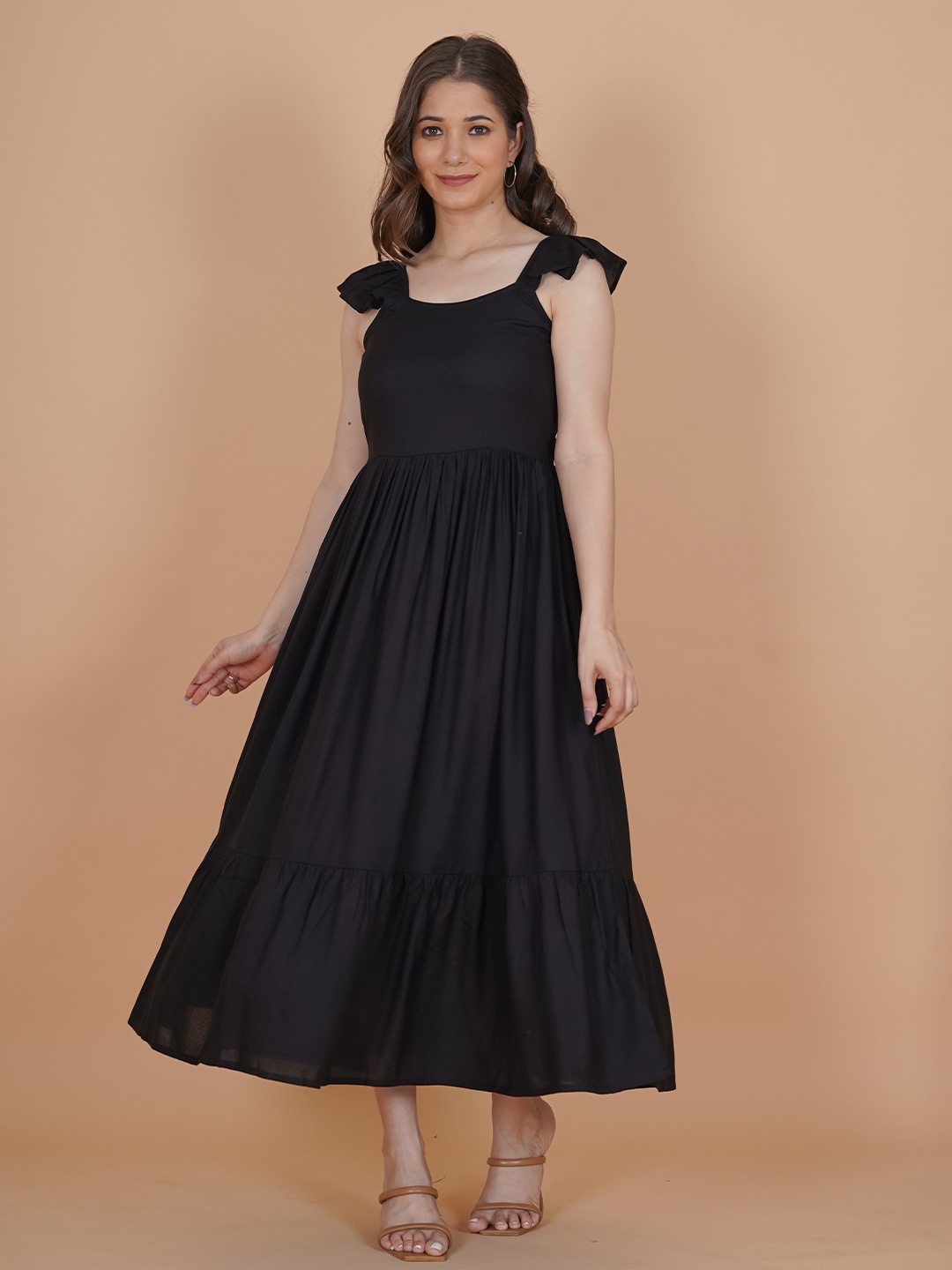 

INDIANIC Ruffled Tiered Fit and Flare Midi Dress, Black