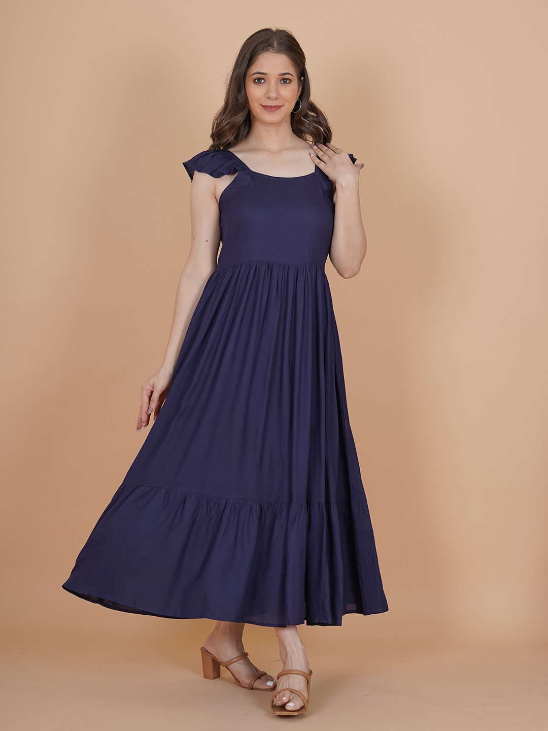 

INDIANIC Ruffled Tiered A-Line Midi Dress, Blue