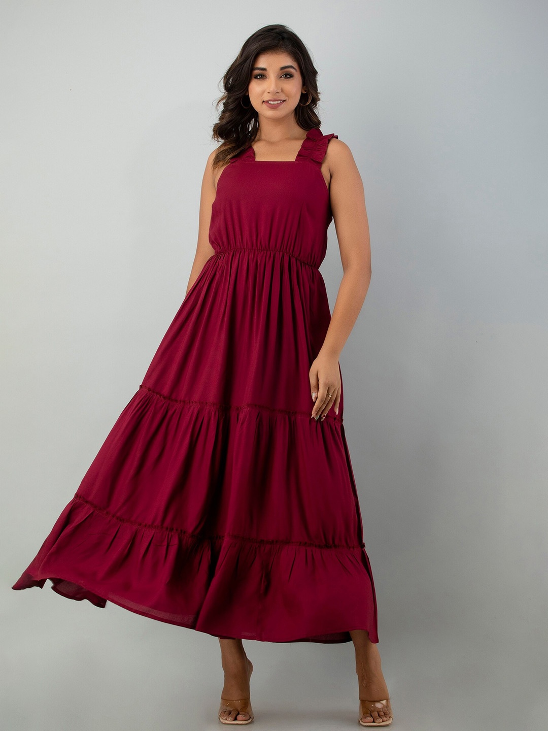 

INDIANIC Ruffled Tiered Fit and Flare Midi Dress, Maroon