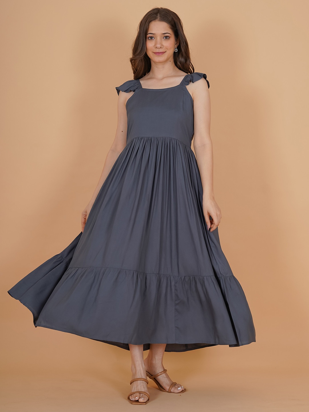 

INDIANIC Ruffled Tiered Fit and Flare Midi Dress, Grey