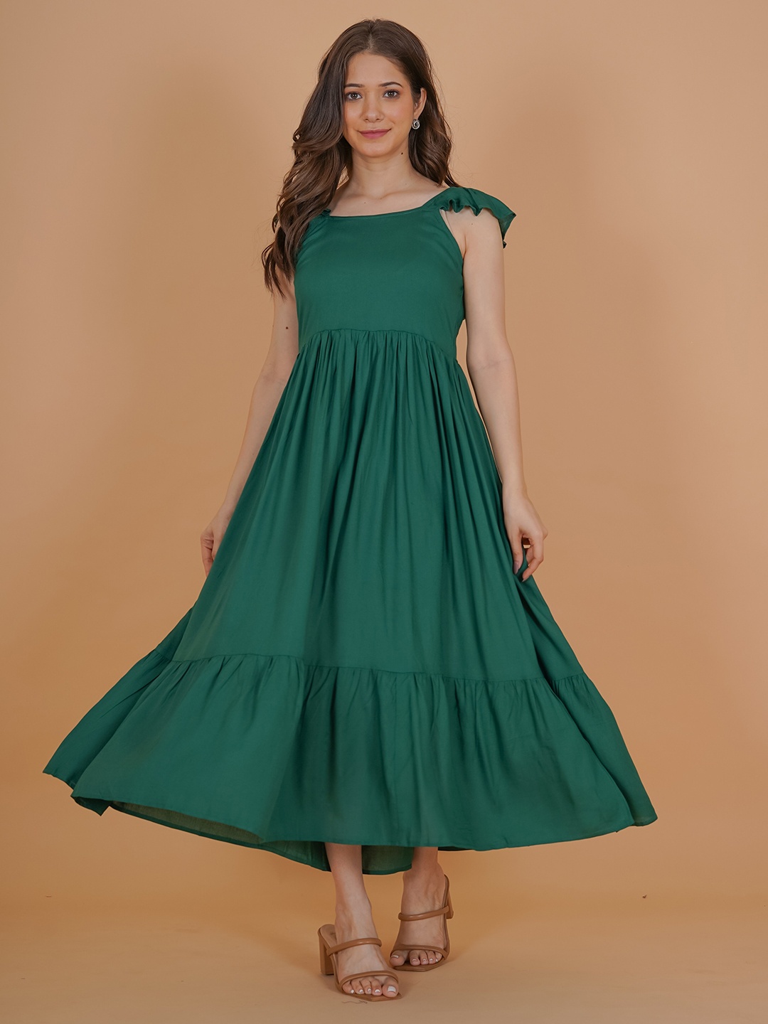 

INDIANIC Ruffled Tiered Fit and Flare Midi Dress, Green