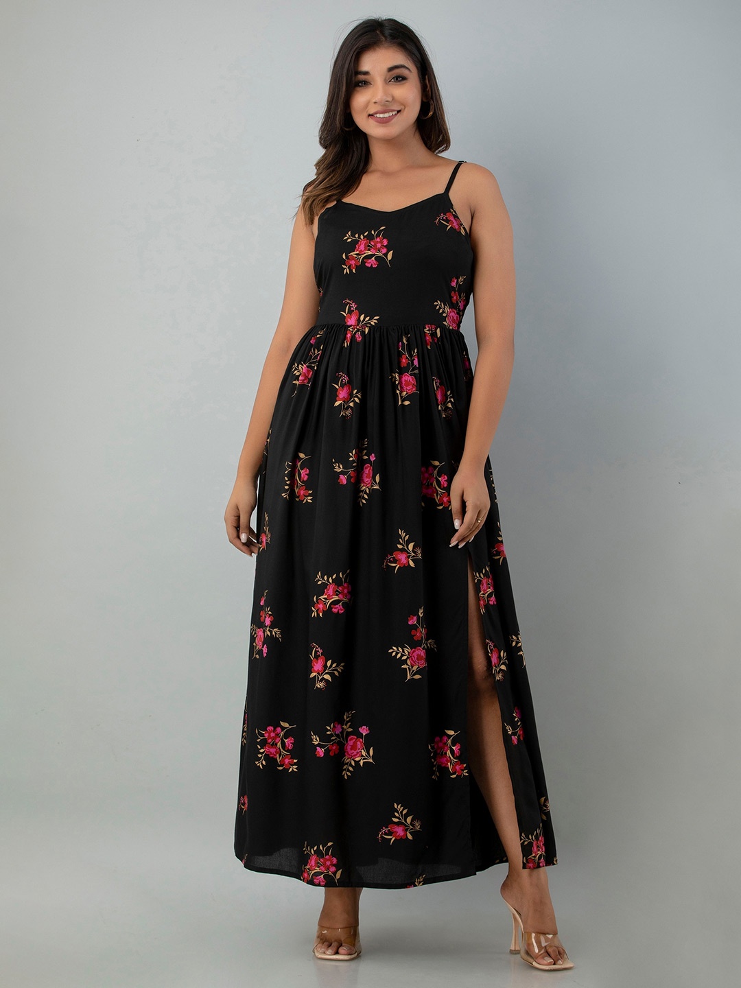 

INDIANIC Floral Print Shoulder Straps Maxi Dress, Black