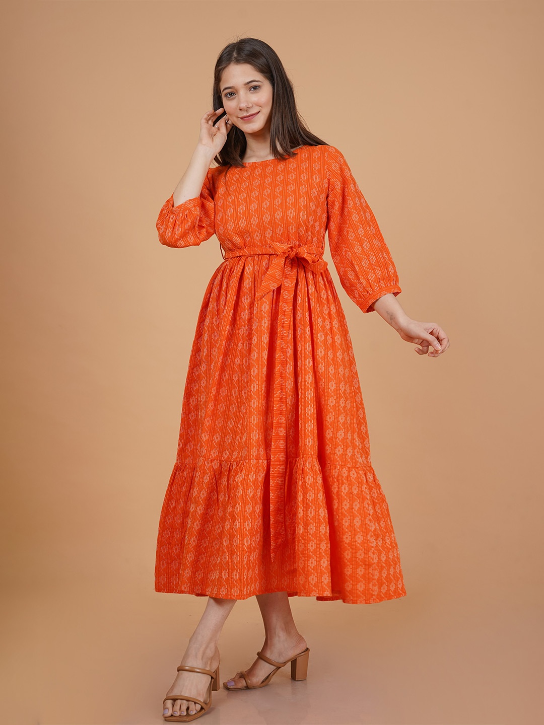 

INDIANIC Ethnic Print Puff Sleeves Tiered Cotton A-Line Midi Dress, Orange