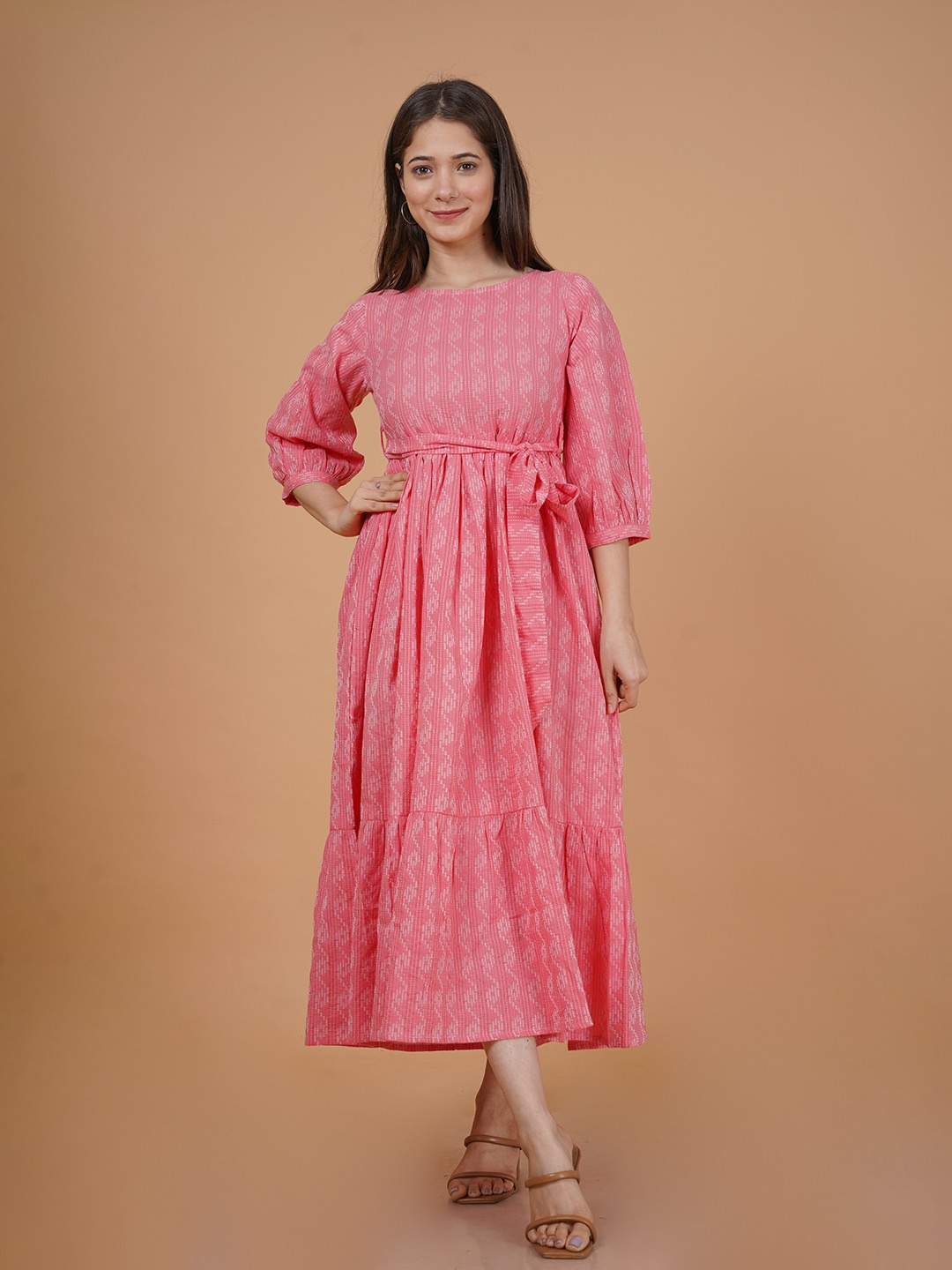 

INDIANIC Ethnic Print Puff Sleeves Tiered Cotton A-Line Midi Dress, Peach