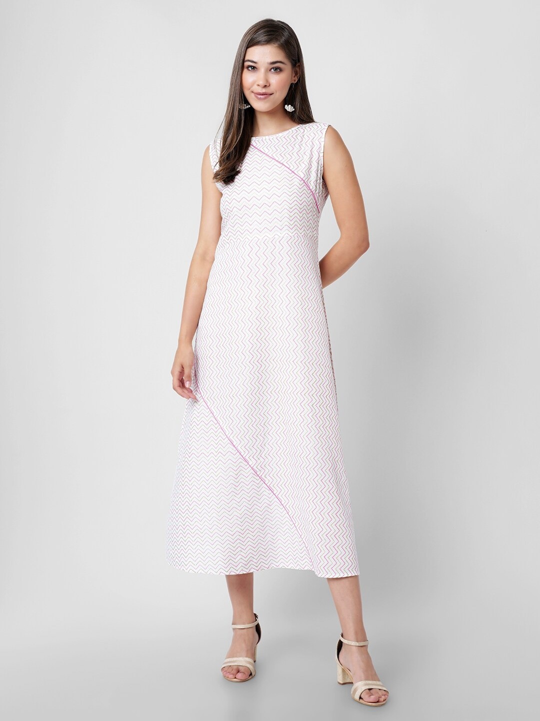 

INDIANIC Chevron Print A-Line Midi Dress, White