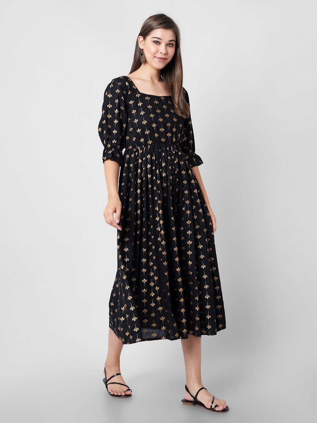 

INDIANIC Floral Print Puff Sleeve Fit & Flare Midi Dress, Black