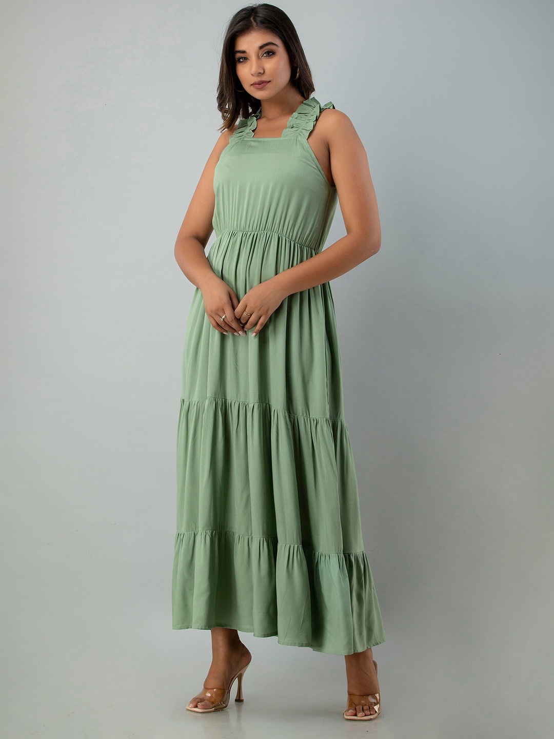 

INDIANIC Shoulder Straps Tiered Maxi Dress, Sea green