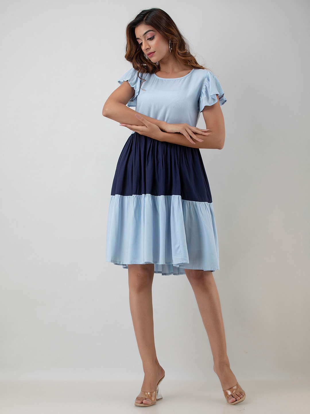 

INDIANIC Colourblocked Flutter Sleeve Fit & Flare Dress, Blue