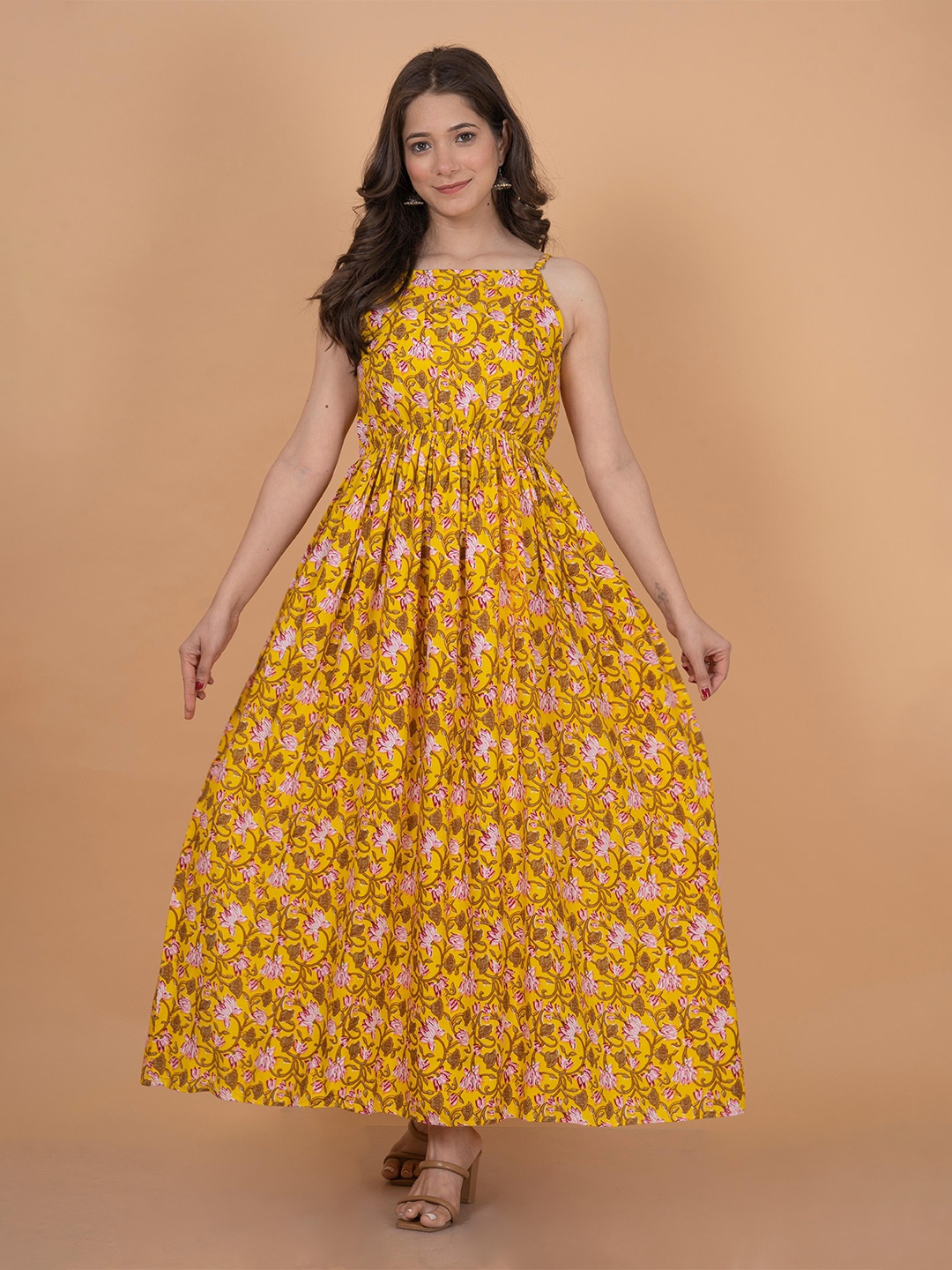 

INDIANIC Floral Printed Shoulder Straps Maxi Dress, Yellow