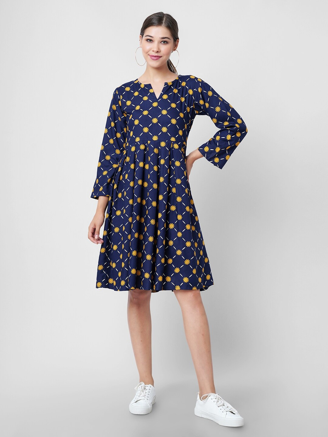 

INDIANIC Printed Notch Neck Fit & Flare Dress, Blue
