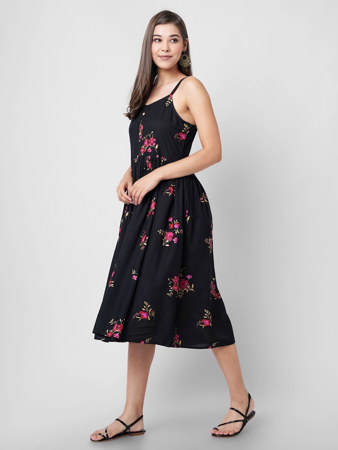 

INDIANIC Floral Printed Shoulder Straps Fit & Flare Midi Dress, Black