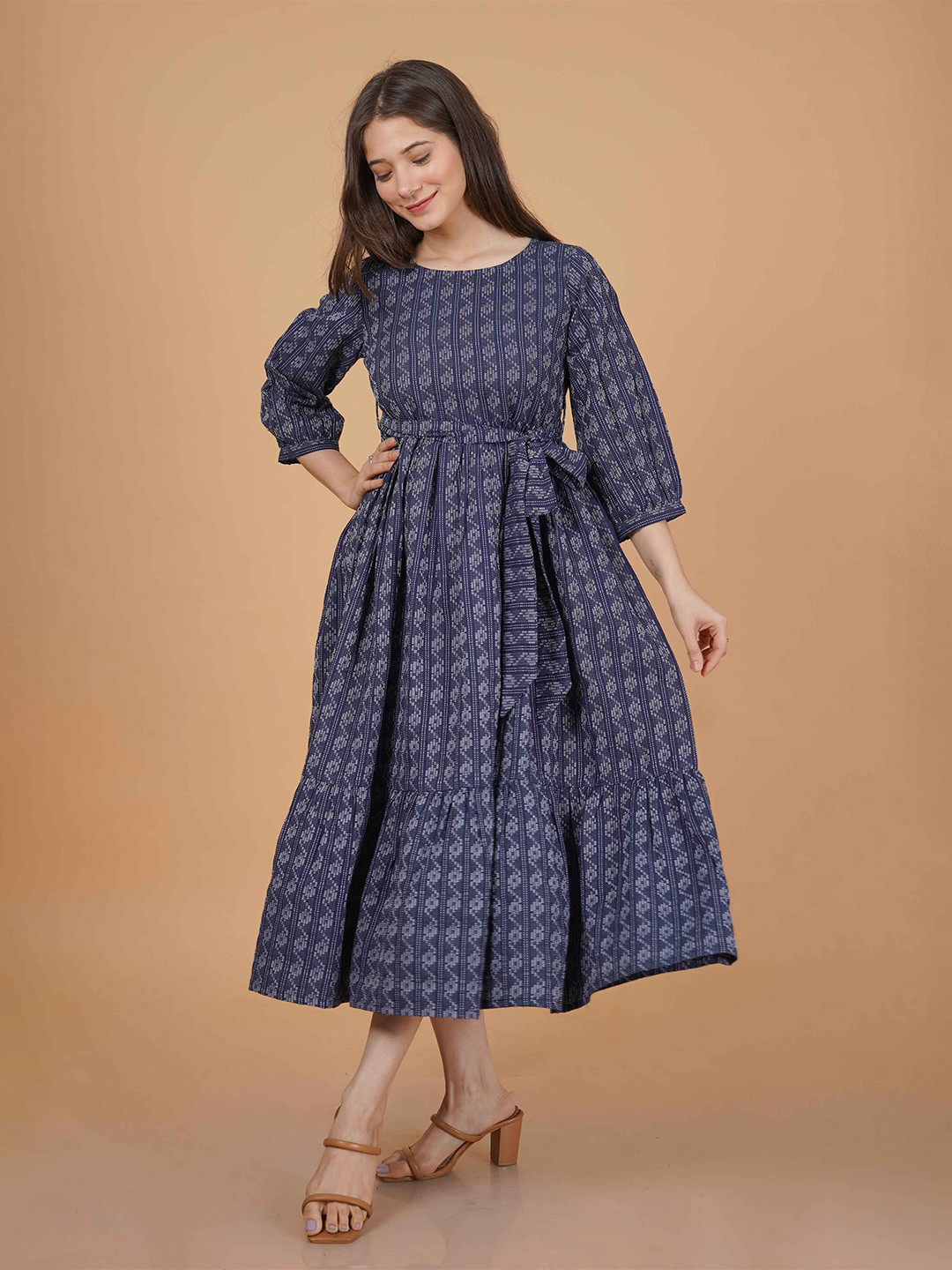 

INDIANIC Ethnic Motifs Self Design Puff Sleeve Cotton A-Line Midi Dress, Blue
