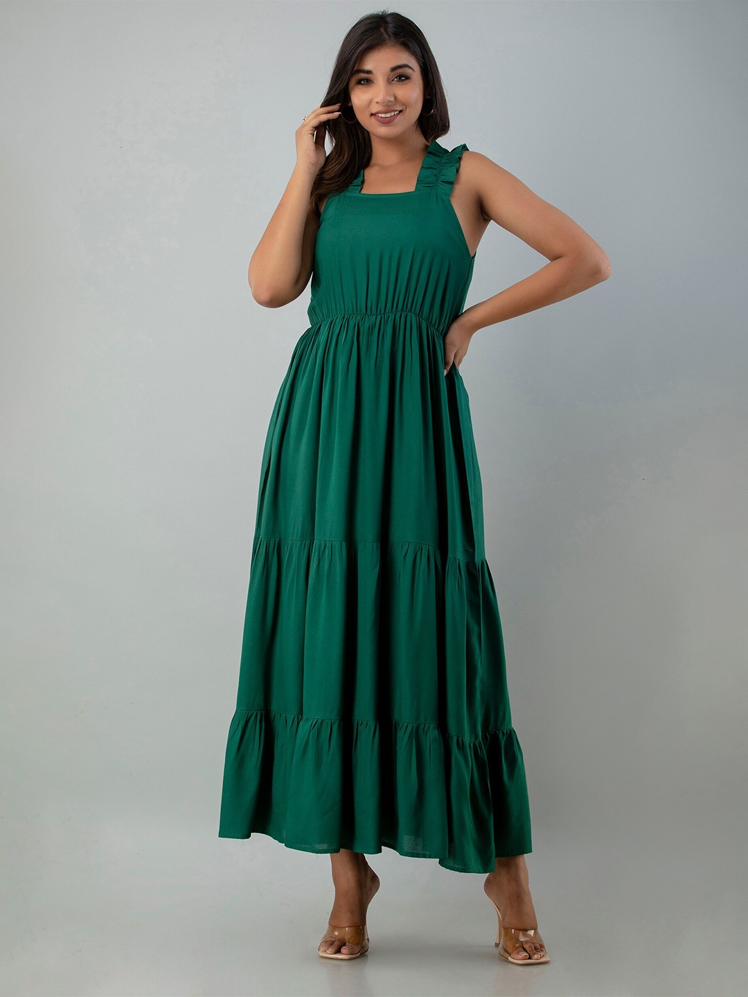 

INDIANIC Shoulder Strap Tiered Maxi Dress, Green