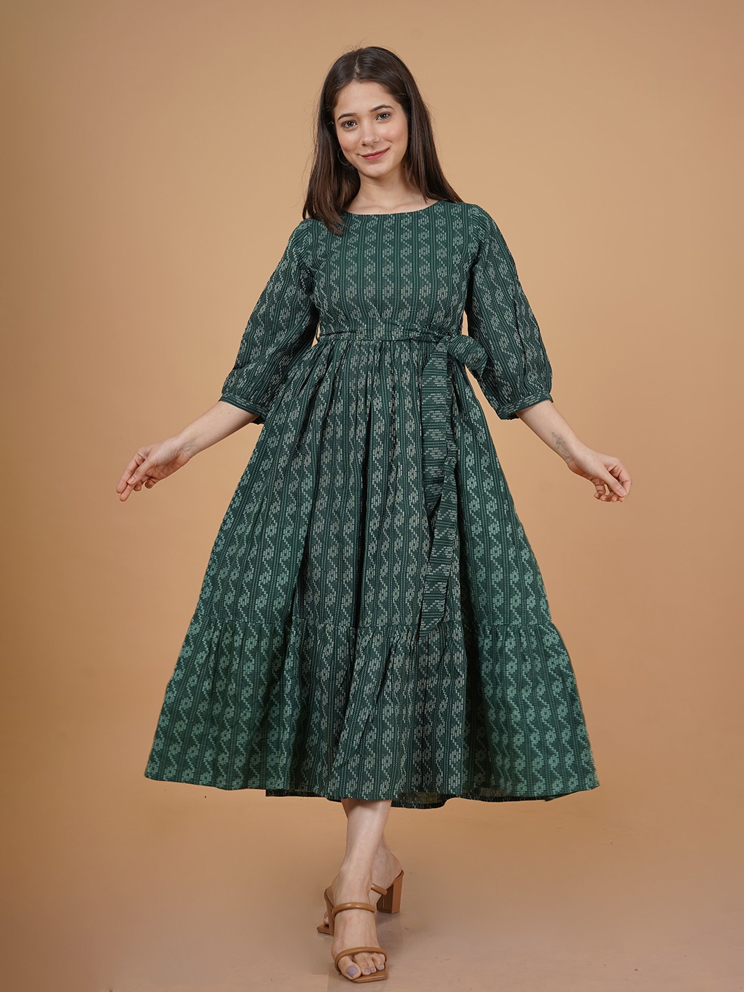 

INDIANIC Ethnic Motifs Self Design Cotton A Line Midi Dress, Green