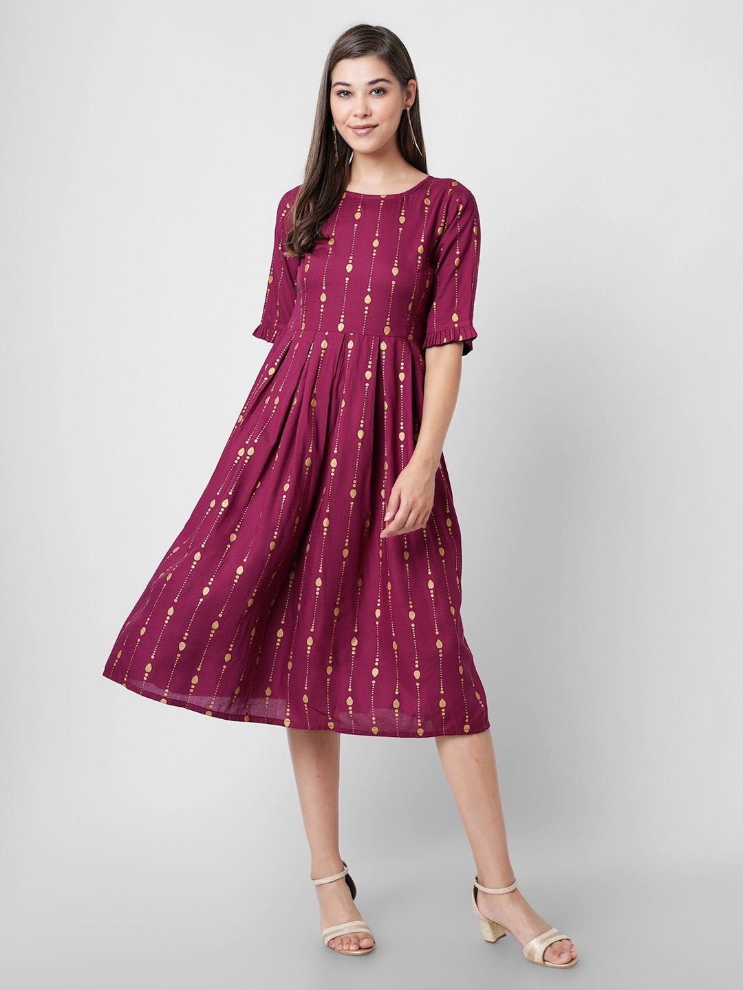 

INDIANIC Ethnic Motifs Printed Liva Fit & Flare Dress, Maroon