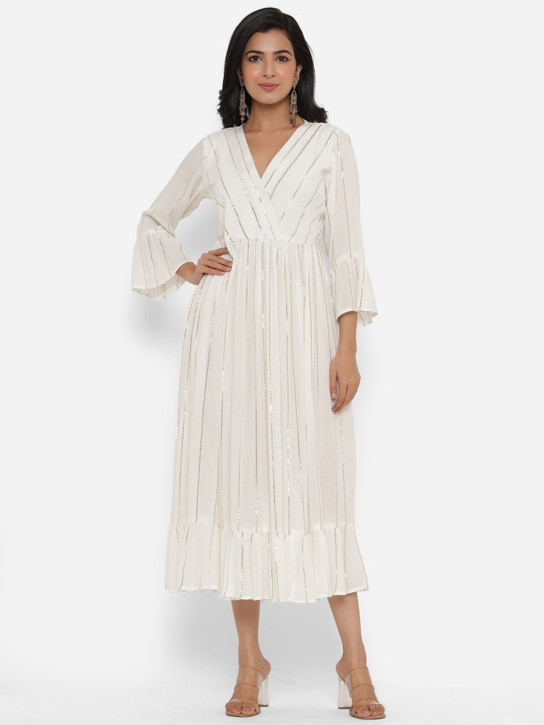 

INDIANIC Self Design V-Neck Bell Sleeve Fit & Flare Dress, White