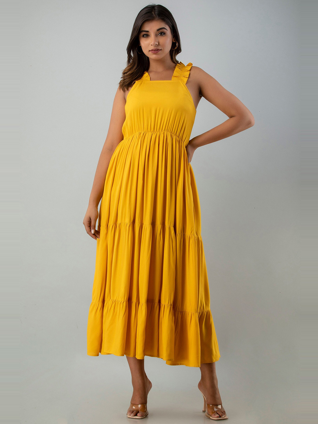 

INDIANIC Shoulder Straps Tiered Fit & Flare Dress, Yellow