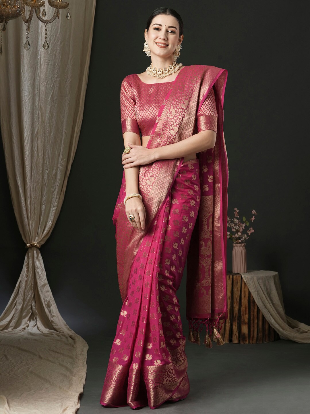 

Anouk Ethnic Motifs Woven Design Pure Georgette Kanjeevaram Saree, Pink