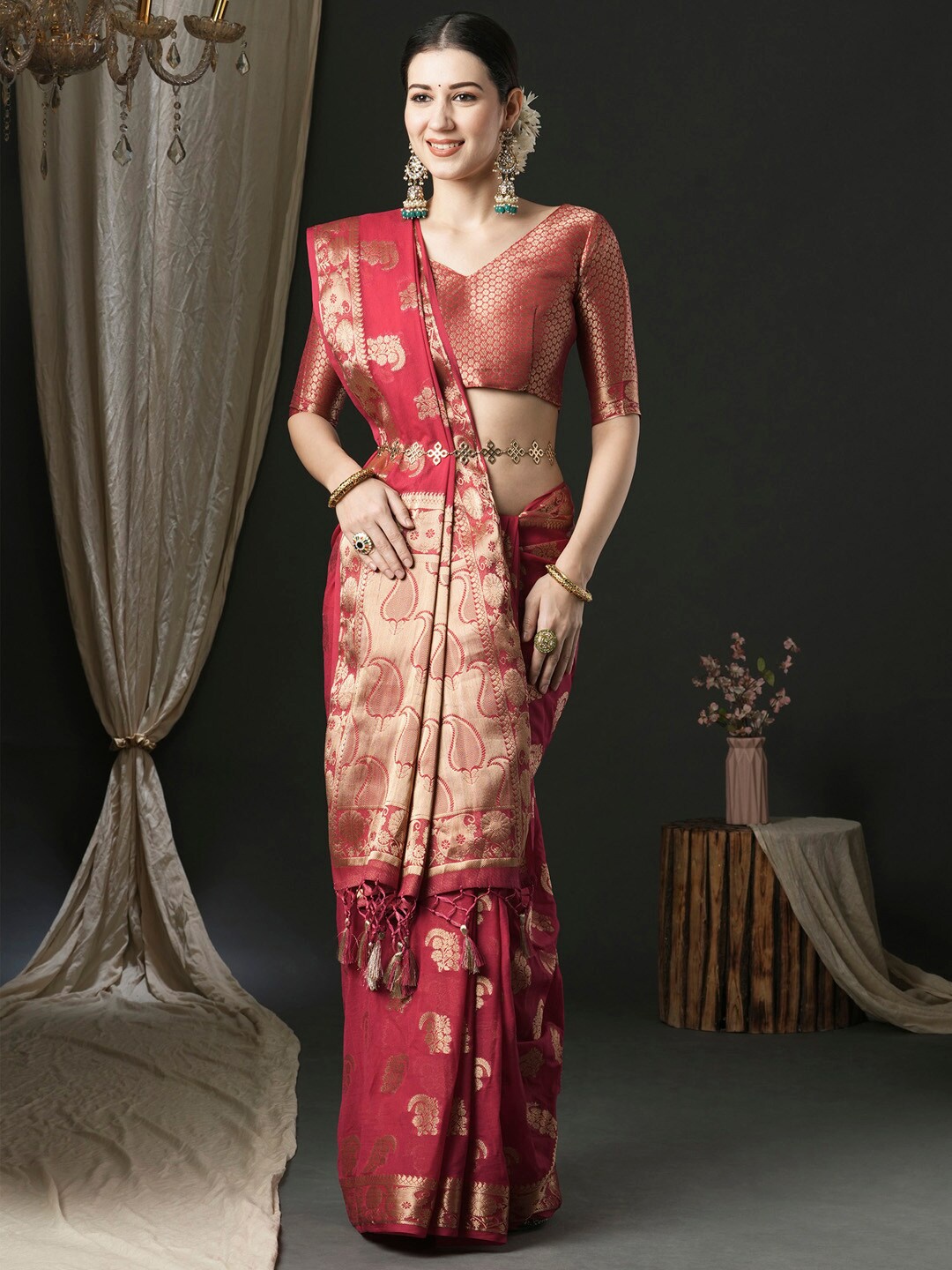 

Anouk Ethnic Motifs Woven Design Pure Georgette Kanjeevaram Saree, Pink