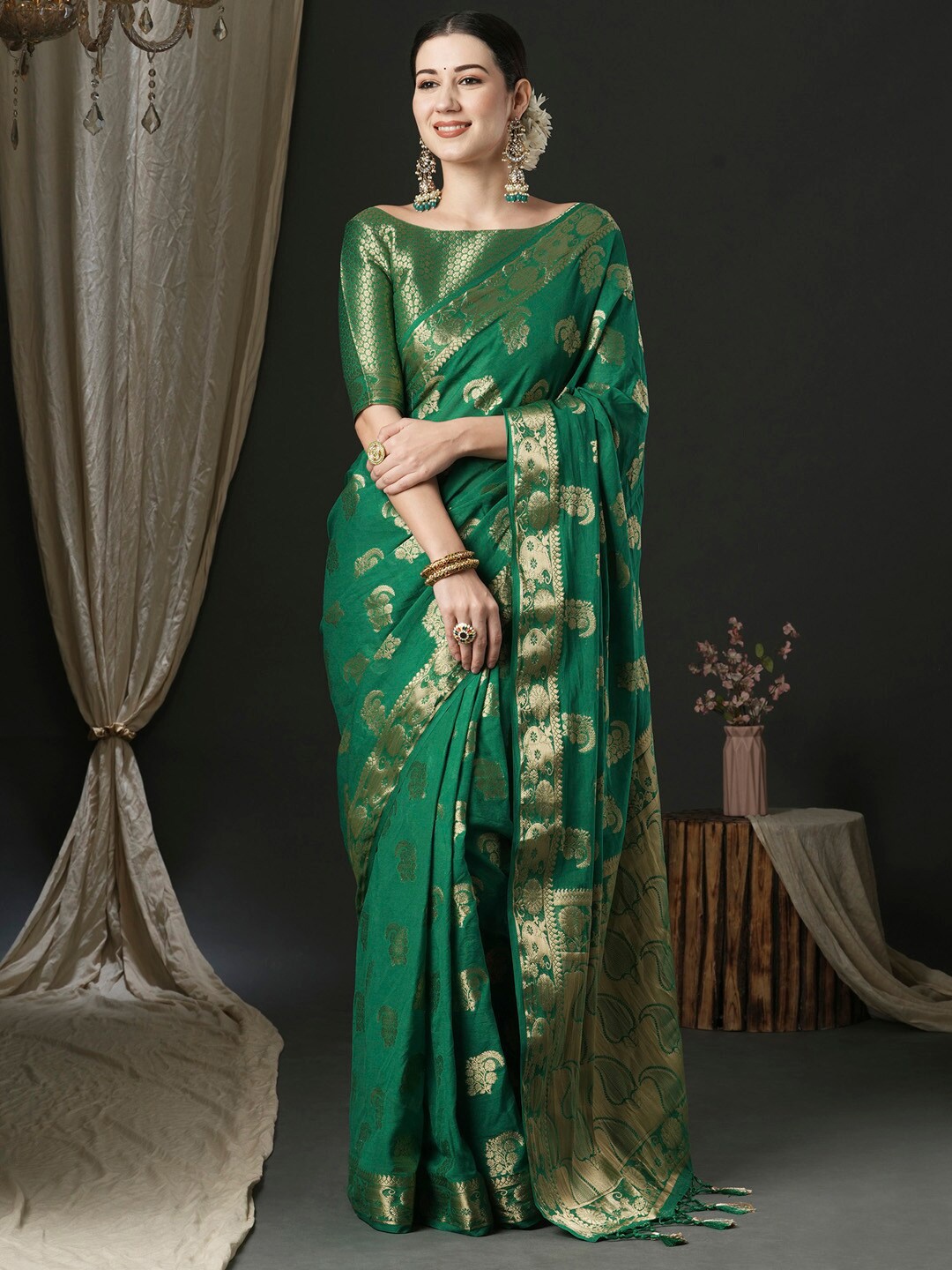 

Anouk Ethnic Motifs Woven Design Zari Pure Georgette Kanjeevaram Saree, Green