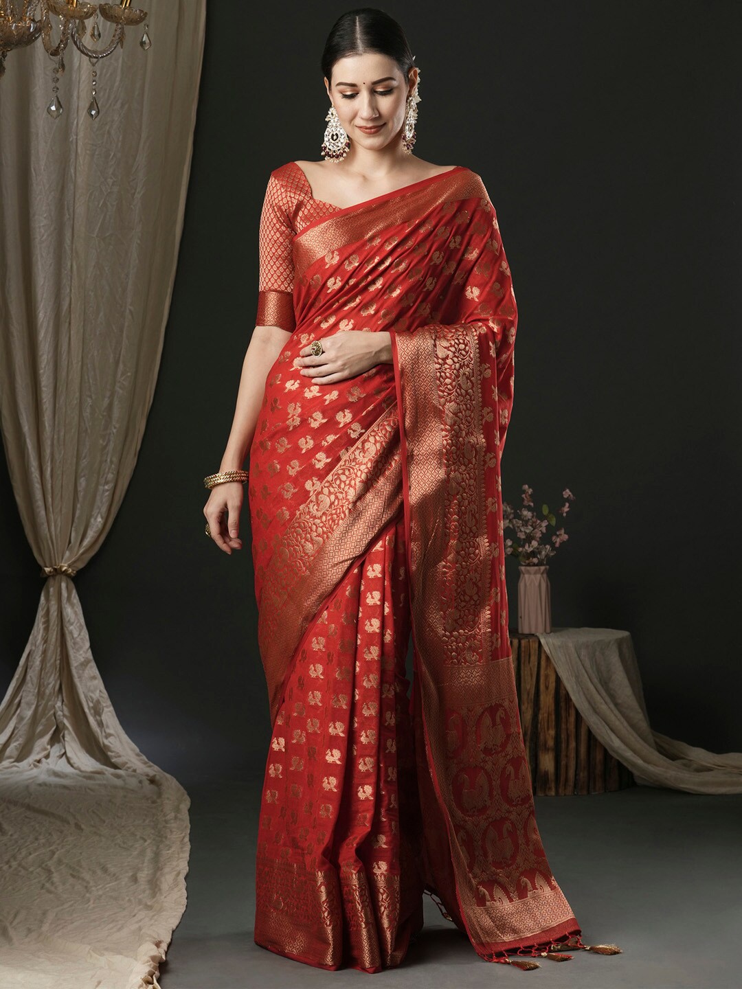 

Anouk Red Georgette Ethnic Woven Design Traditional Wear Saree