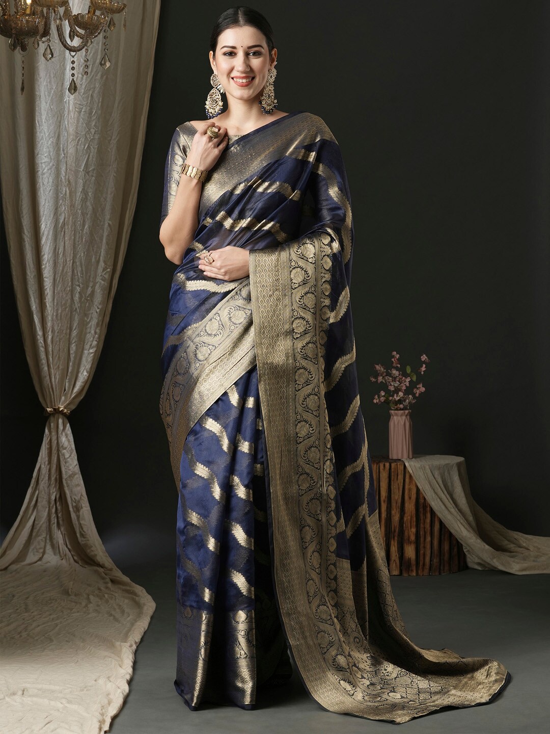

Anouk Navy Blue Organza Ethnic Woven Design Traditional Wear Saree