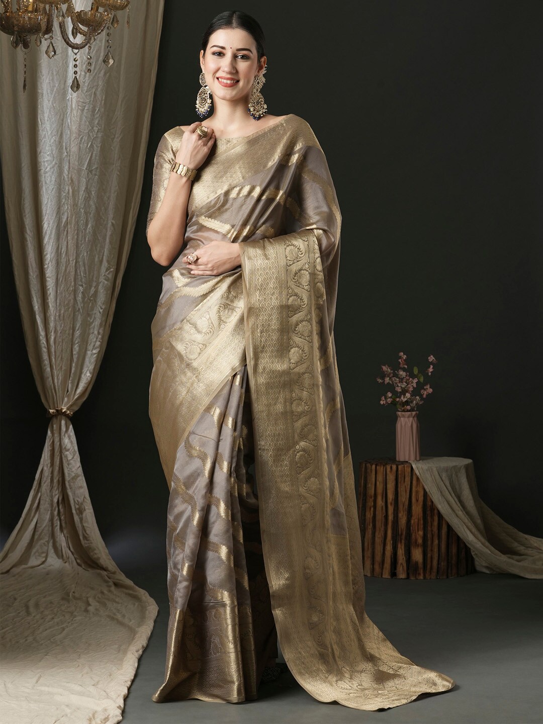 

Anouk Woven Design Ethnic Motifs Zari Banarasi Saree, Grey