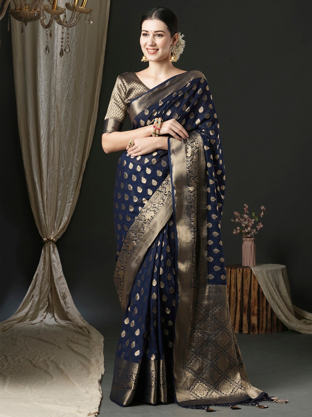 

Anouk Ethnic Motifs Woven Design Pure Georgette Kanjeevaram Saree, Navy blue