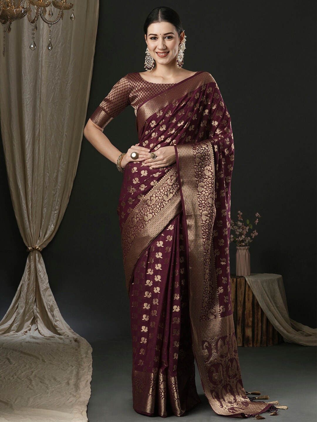 

Anouk Ethnic Motifs Woven Design Zari Pure Georgette Kanjeevaram Saree, Purple