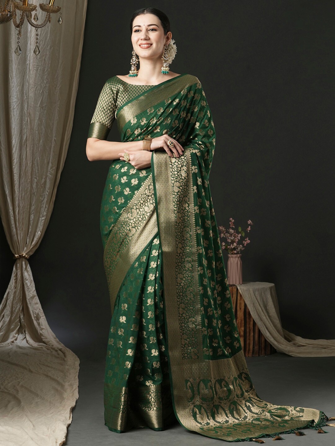

Anouk Ethnic Motifs Woven Design Zari Pure Georgette Kanjeevaram Saree, Green