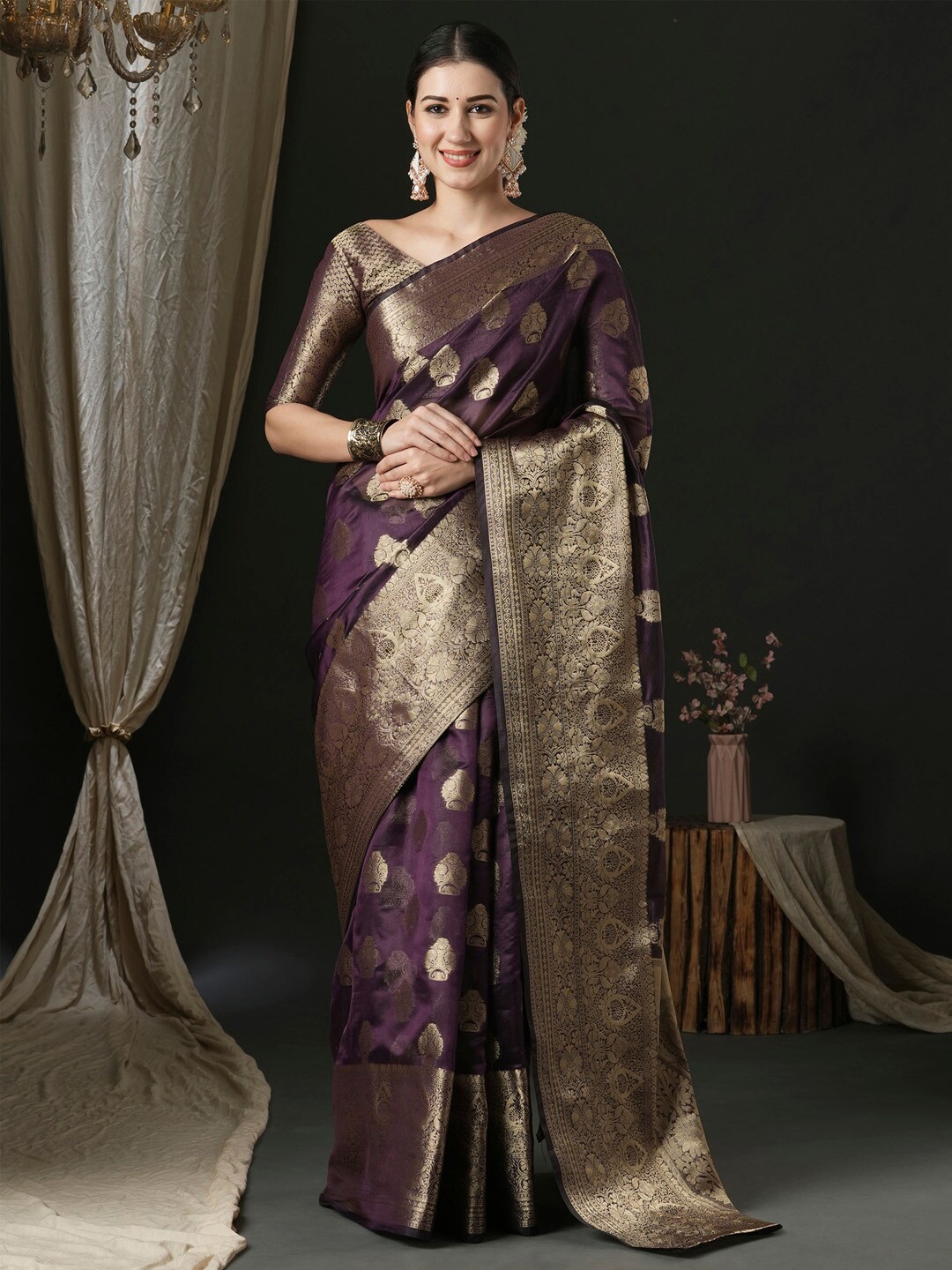 

Anouk Ethnic Motifs Woven Design Zari Banarasi Saree, Purple