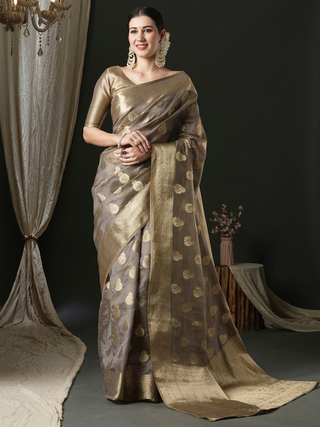 

Anouk Woven Design Ethnic Motifs Zari Banarasi Saree, Grey