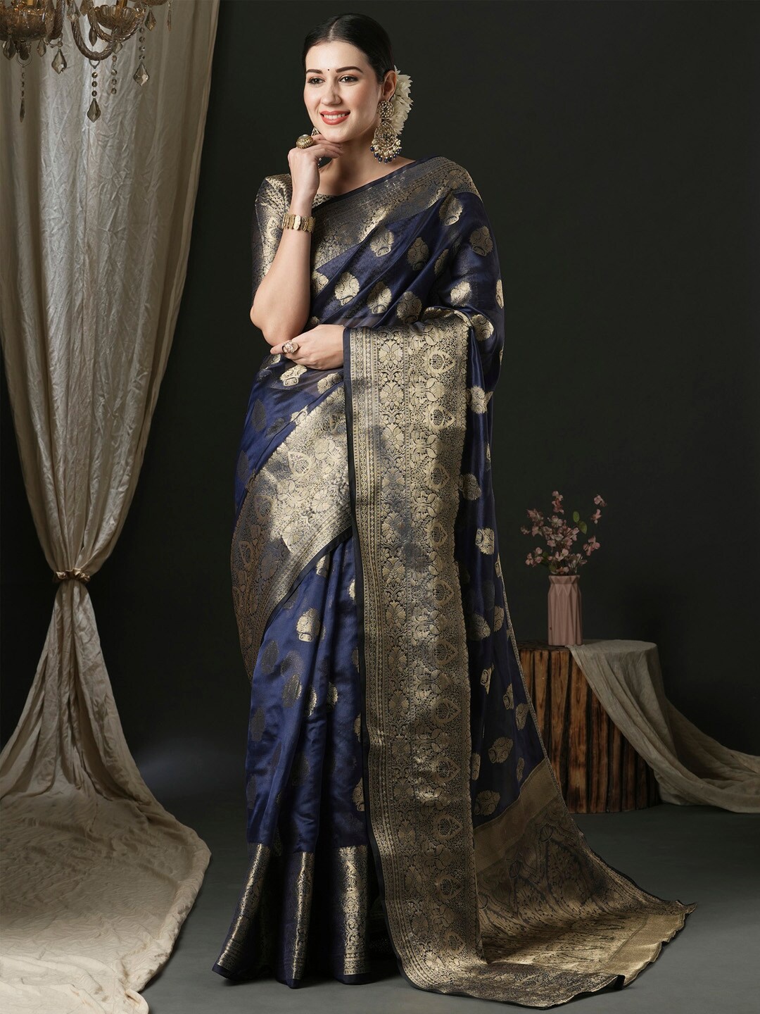 

Anouk Ethnic Motifs Woven Design Zari Banarasi Saree, Navy blue