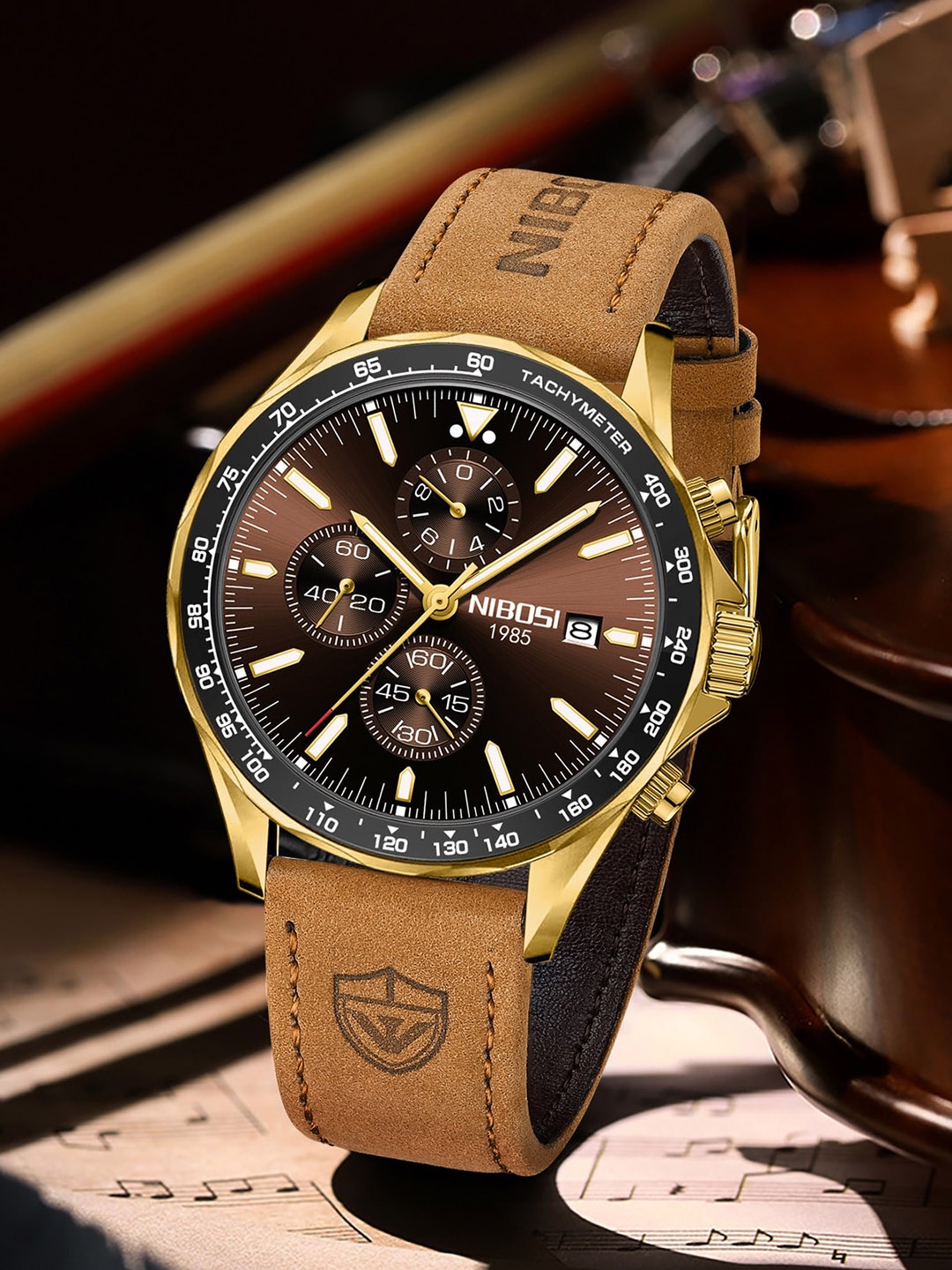 

Nibosi Men Embellished Dial Chronograph Analogue Watch NB-2610-L-BRWN-GLD-BLK, Brown