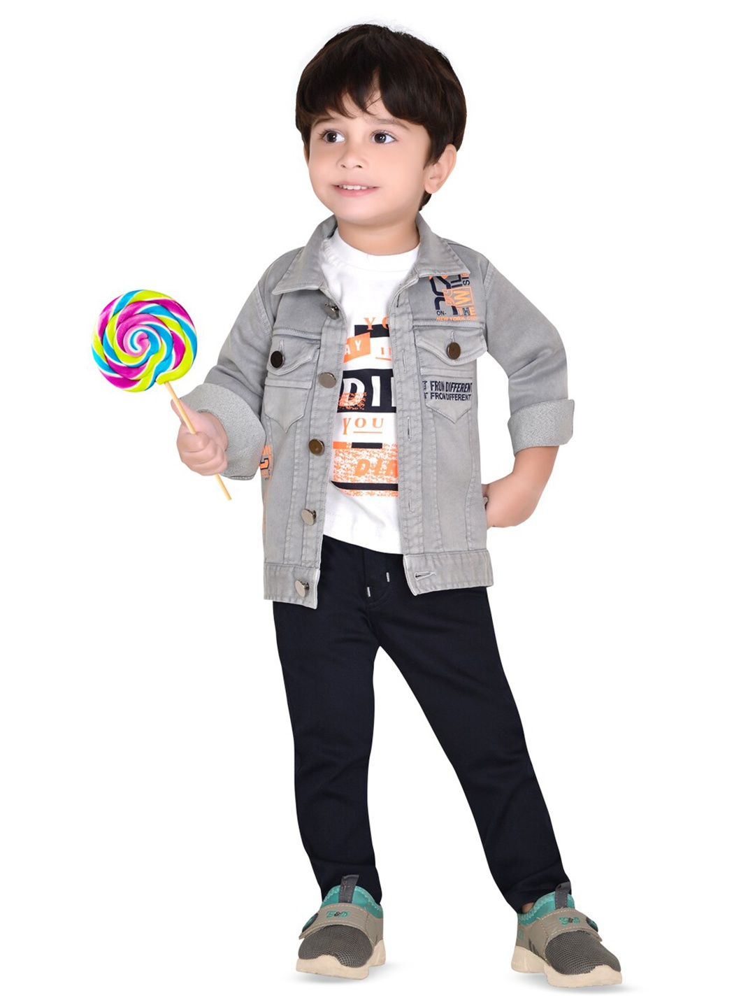 

BAESD Boys Printed T-shirt With Trousers & Jacket, Grey melange