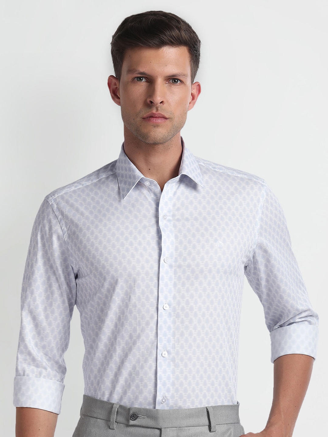

Arrow New York Manhattan Slim Fit Ethnic Motifs Self Design Pure Cotton Formal Shirt, Grey