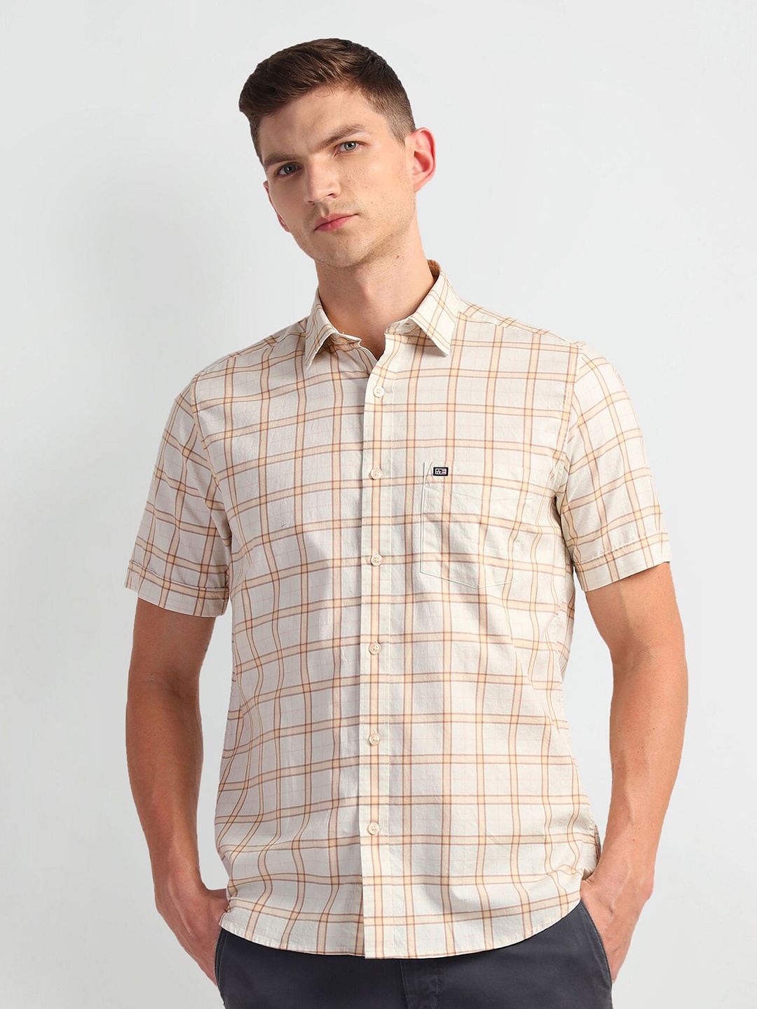 

Arrow Sport Buffalo Checked Spread Collar Casual Shirt, Beige