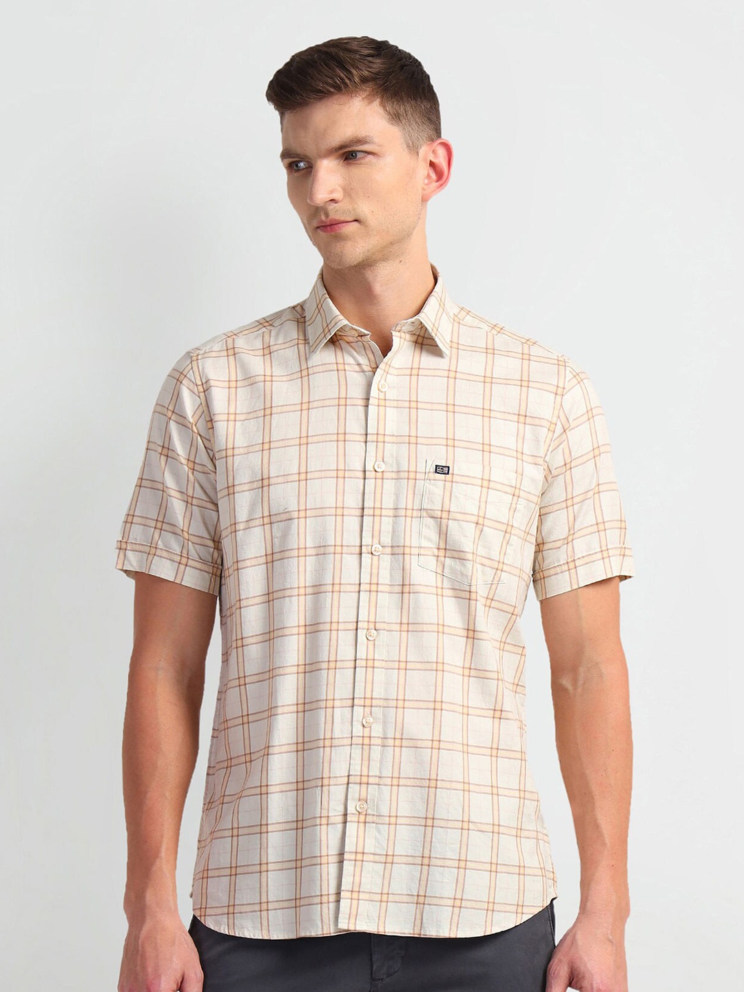 

Arrow Sport Buffalo Checked Spread Collar Casual Shirt, Beige