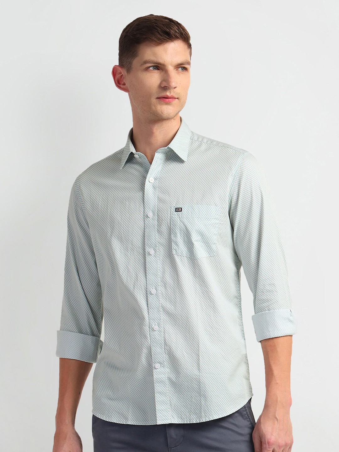 

Arrow Sport Slim Fit Micro Ditsy Printed Spread Collar Twill Casual Shirt, Green