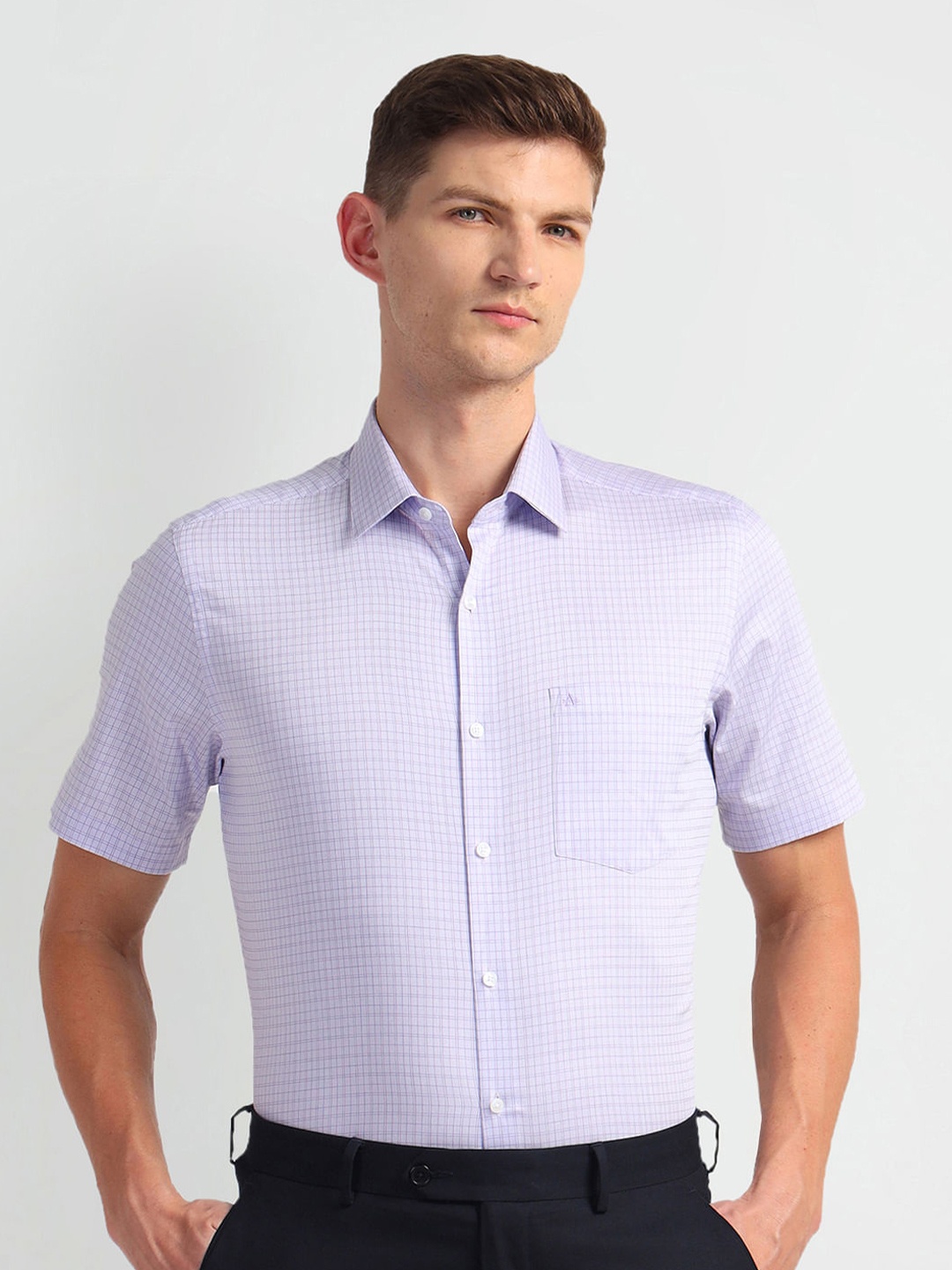 

Arrow Checked Spread Collar Short Sleeves Cotton Formal Shirt, Purple