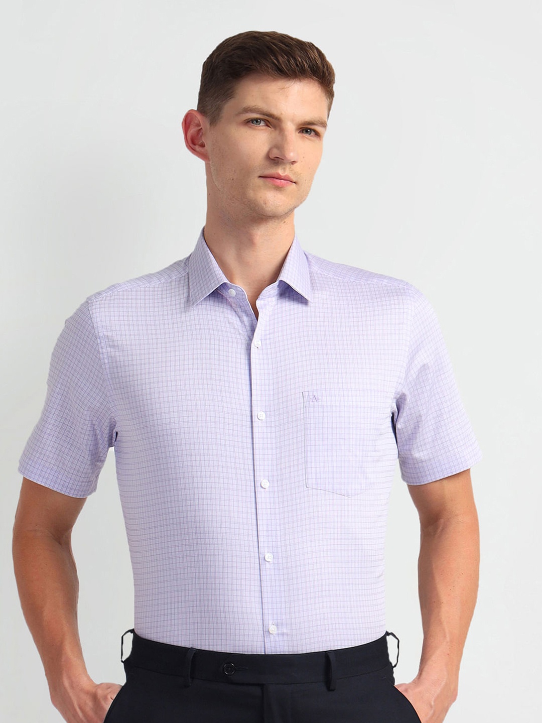 

Arrow Checked Spread Collar Short Sleeves Cotton Formal Shirt, Purple