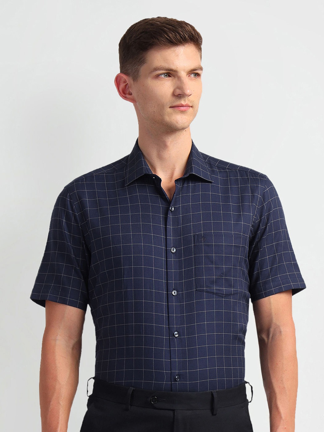 

Arrow Grid Tattersall Checks Twill Spread Collar Short Sleeves Cotton Formal Shirt, Blue