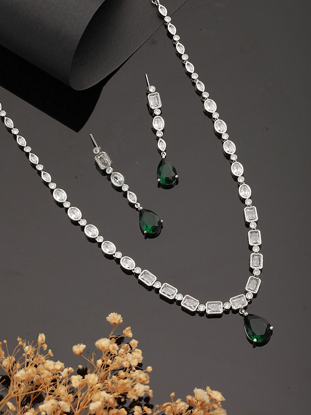 

Saraf RS Jewellery Cubic Zirconia & Emerald Studded Jewellery Set, Silver