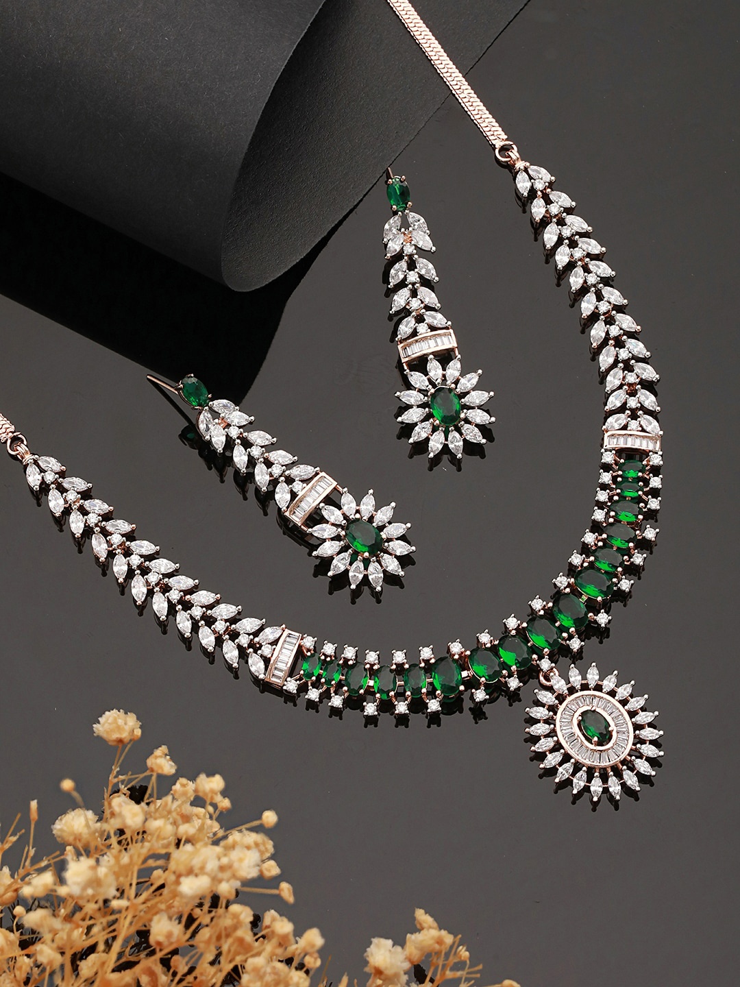 

Saraf RS Jewellery Rose Gold Plated Emerald Studded Jewellery Set