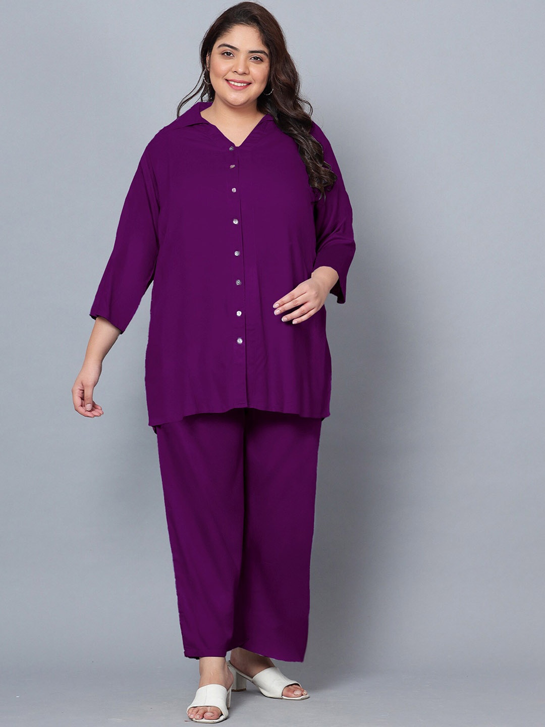 Indietoga Plus Size Roll-Up Sleeves Longline Shirt With Trousers, Purple
